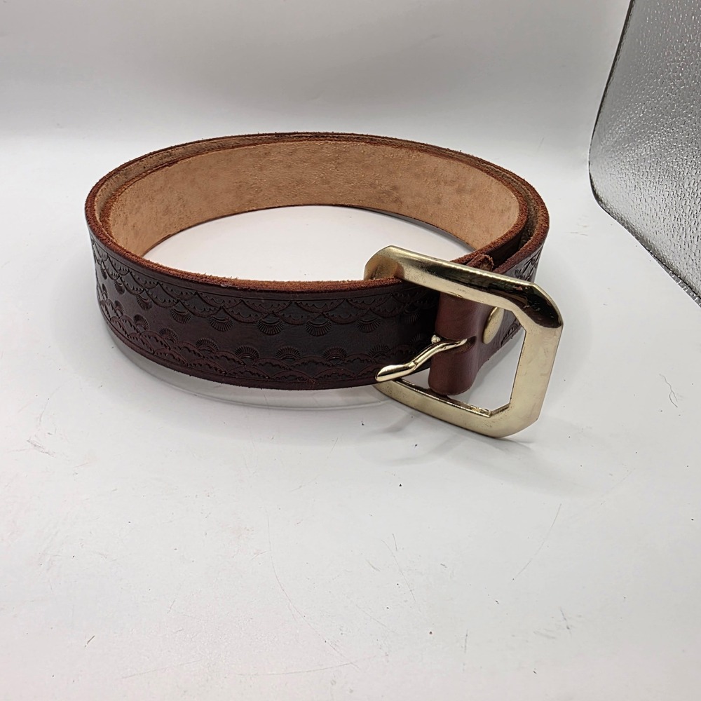 Vintage Mens Hand Tooled Leather Belt Brown Western‎ Scalloped Pattern Size 42